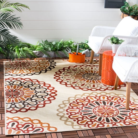 SAFAVIEH Veranda Axum Geometric Indoor/Outdoor Area Rug, 6'7" x 6'7" Square, Cream/Red