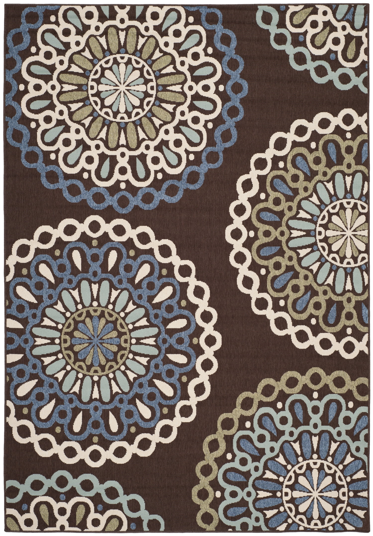 SAFAVIEH Veranda Axum Geometric Indoor/Outdoor Area Rug, 6'7" x 9'6", Chocolate/Blue