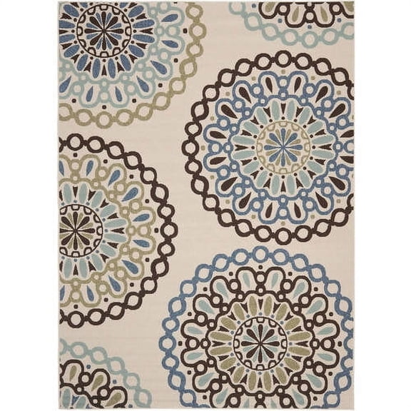SAFAVIEH Veranda Axum Geometric Indoor/Outdoor Area Rug, 6'7" x 9'6", Cream/Blue