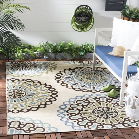 SAFAVIEH Veranda Axum Geometric Indoor/Outdoor Area Rug, 8' x 11'2", Cream/Blue