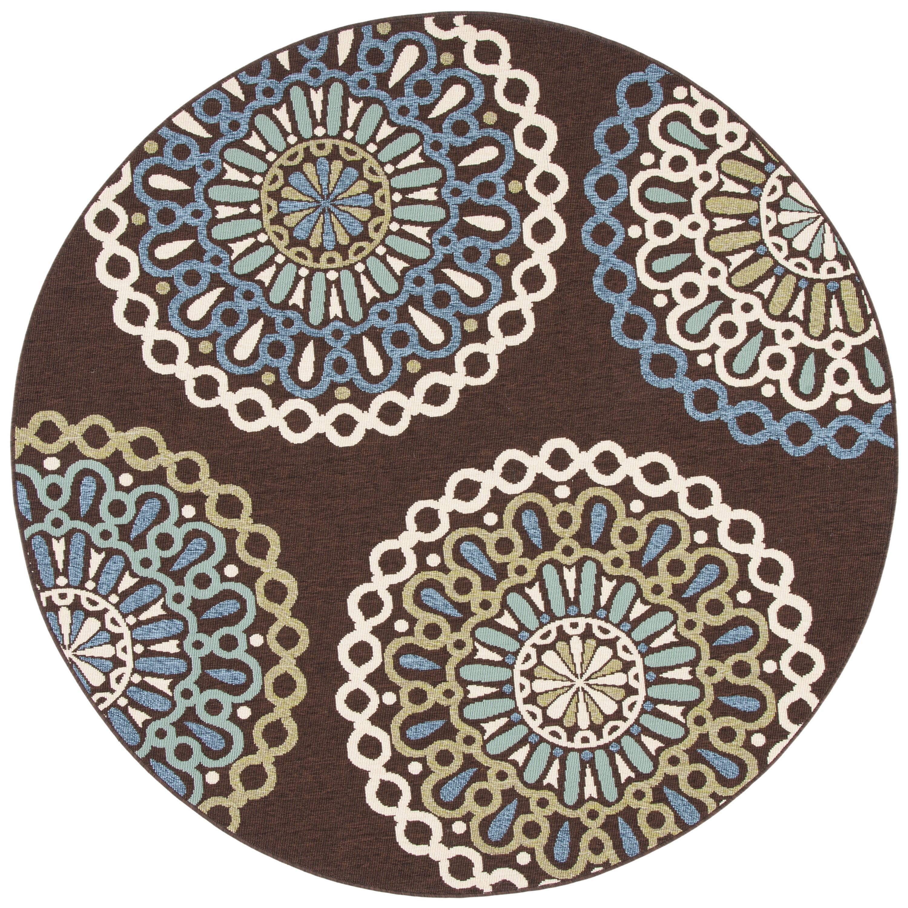 SAFAVIEH Veranda Axum Geometric Indoor/Outdoor Area Rug, Chocolate/Blue, 5'3" x 5'3" Round