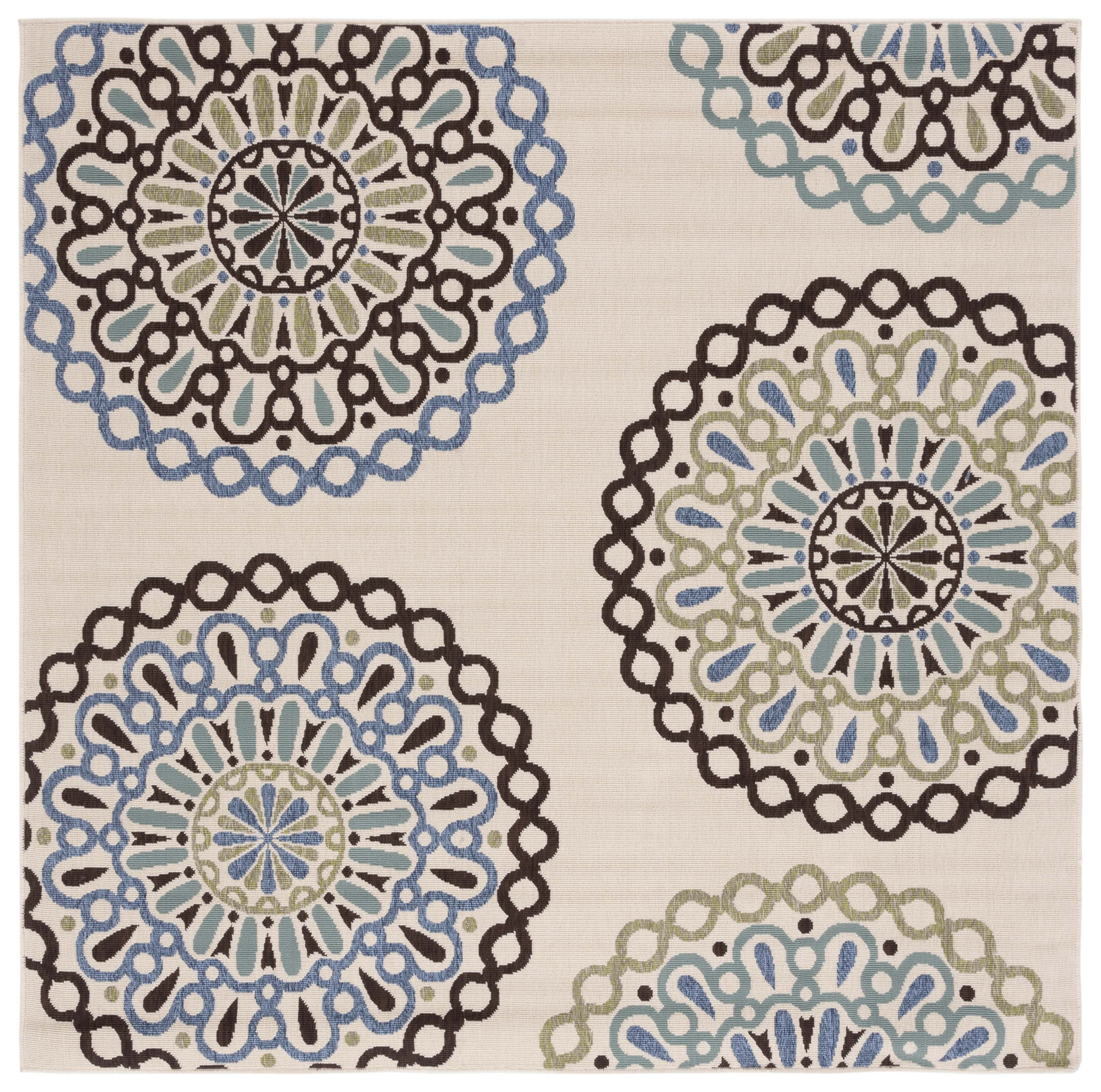 Cream and Blue Geometric Square Indoor/Outdoor Rug