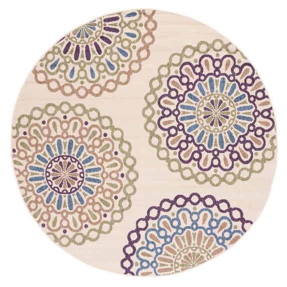 SAFAVIEH Veranda Axum Geometric Indoor/Outdoor Area Rug, Cream/Green, 6'7" x 6'7" Round