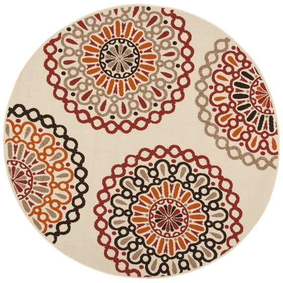 SAFAVIEH Veranda Axum Geometric Indoor/Outdoor Area Rug, Creme/Red, 5'3" x 5'3" Round