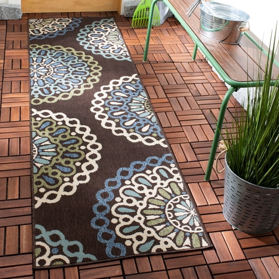 SAFAVIEH Veranda Axum Geometric Indoor/Outdoor Runner Rug, 2'3" x 12', Chocolate/Blue