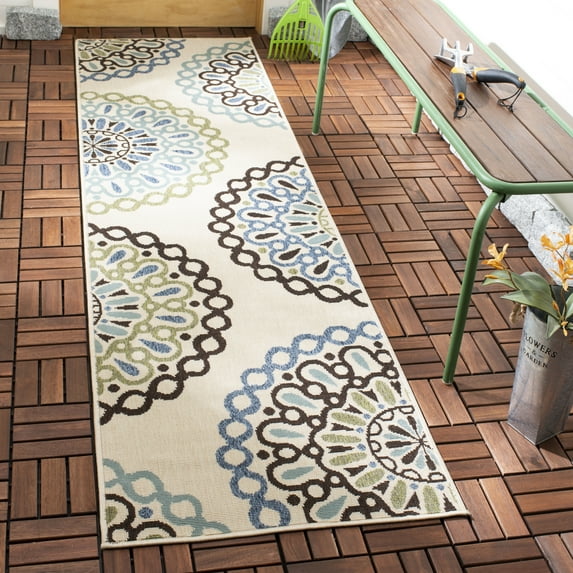 SAFAVIEH Veranda Axum Geometric Indoor/Outdoor Runner Rug, 2'3" x 12', Cream/Blue