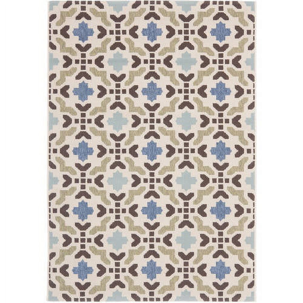 Aqua and Cream Geometric Synthetic Indoor/Outdoor Area Rug