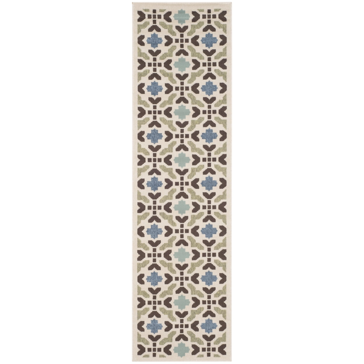 Cream and Aqua Geometric Indoor/Outdoor Runner Rug 2'3" x 8'