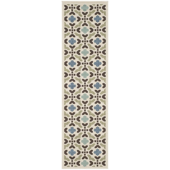 SAFAVIEH Veranda Branson Geometric Indoor/Outdoor Runner Rug, Cream/Aqua, 2'3" x 12'