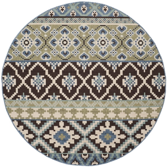 SAFAVIEH Veranda Dogon Geometric Indoor/Outdoor Area Rug, Chocolate/Blue, 3' x 3' Round