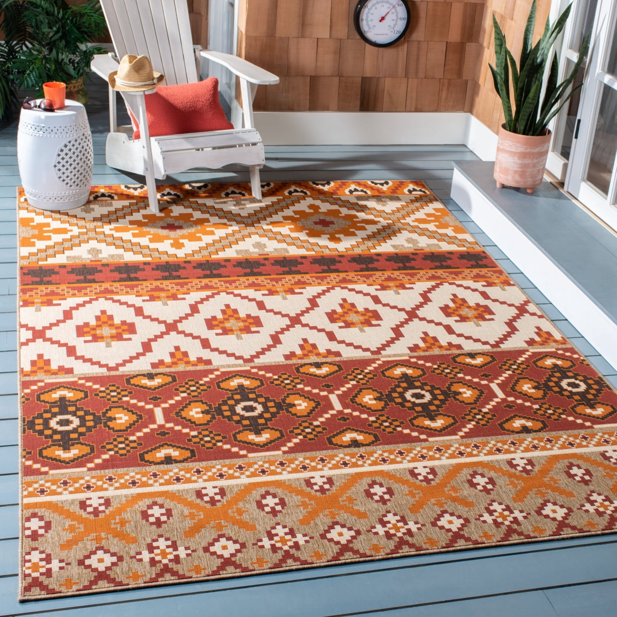 SAFAVIEH Veranda Dogon Geometric Indoor/Outdoor Area Rug, Red/Beige, 6'7" x 9'6"