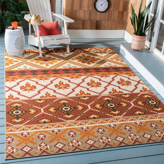 SAFAVIEH Veranda Dogon Geometric Indoor/Outdoor Area Rug, Red/Beige, 6'7" x 9'6"