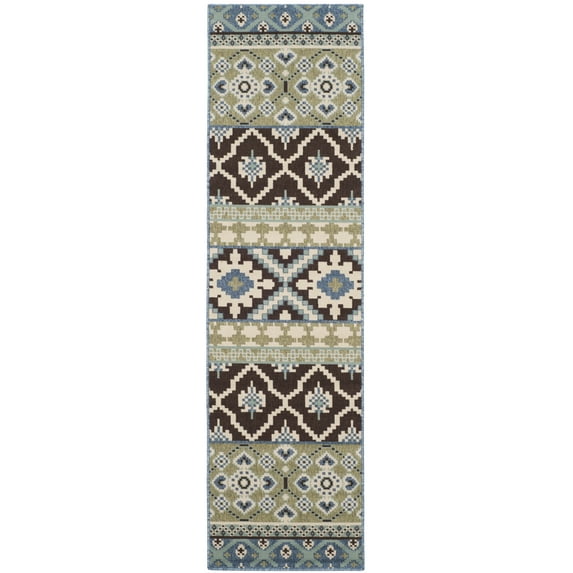 SAFAVIEH Veranda Dogon Geometric Indoor/Outdoor Runner Rug, Chocolate/Blue, 2'3" x 12'