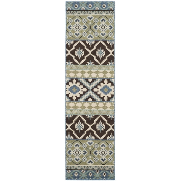 SAFAVIEH Veranda Dogon Geometric Indoor/Outdoor Runner Rug, Chocolate/Blue, 2'3" x 12'