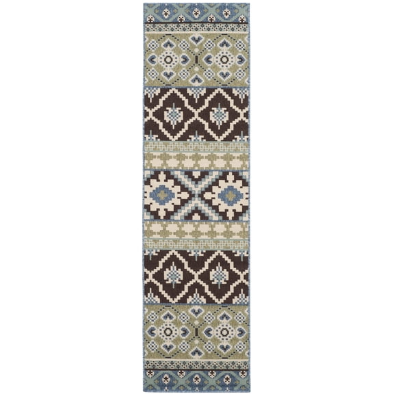 SAFAVIEH Veranda Dogon Geometric Indoor/Outdoor Runner Rug, Chocolate/Blue, 2'3" x 6'7"