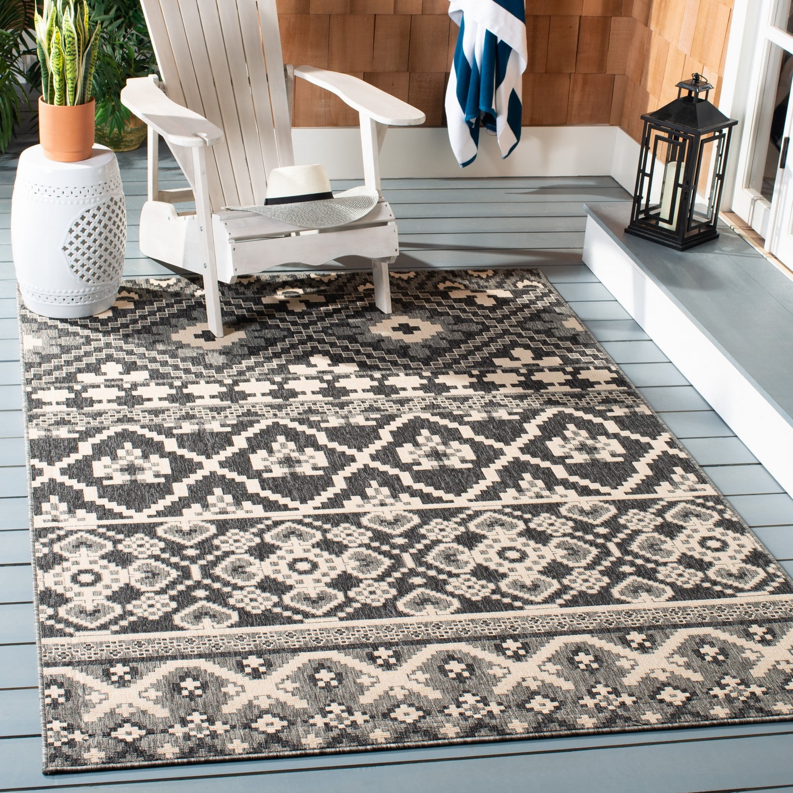Grey and Beige Rectangular Synthetic Indoor/Outdoor Rug