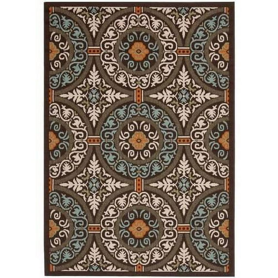 SAFAVIEH Veranda Durga Geometric Indoor/Outdoor Area Rug, 4' x 5'7", Chocolate/Aqua