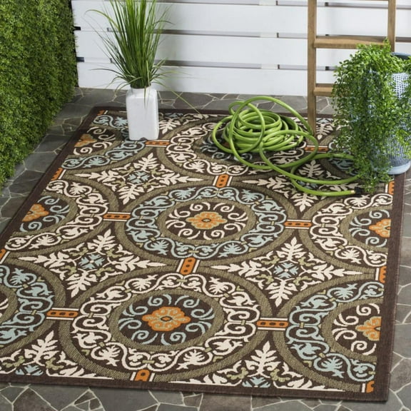 SAFAVIEH Veranda Durga Geometric Indoor/Outdoor Area Rug, 5'3" x 7'7", Chocolate/Aqua