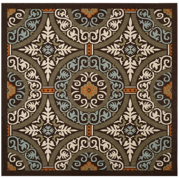 SAFAVIEH Veranda Durga Geometric Indoor/Outdoor Area Rug, 6'7" x 6'7" Square, Chocolate/Aqua