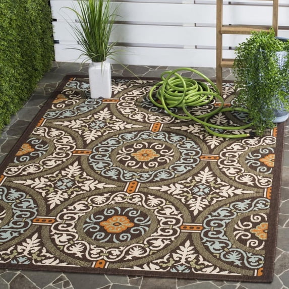 SAFAVIEH Veranda Durga Geometric Indoor/Outdoor Area Rug, 8' x 11'2", Chocolate/Aqua