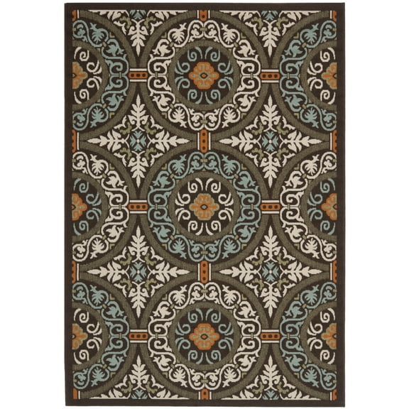 SAFAVIEH Veranda Durga Geometric Indoor/Outdoor Area Rug, Chocolate/Aqua, 3' x 3' Round