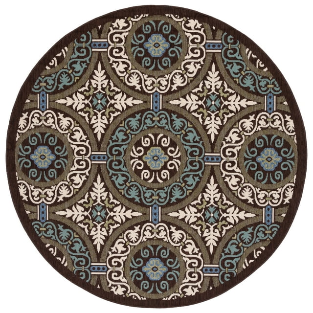 SAFAVIEH Veranda Durga Geometric Indoor/Outdoor Area Rug, Chocolate/Cream, 3' x 3' Round
