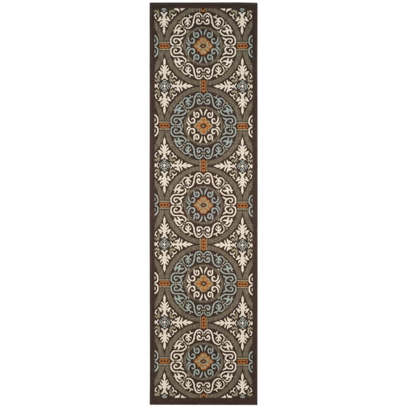 SAFAVIEH Veranda Durga Geometric Indoor/Outdoor Runner Rug, Chocolate/Aqua, 2'3" x 5'