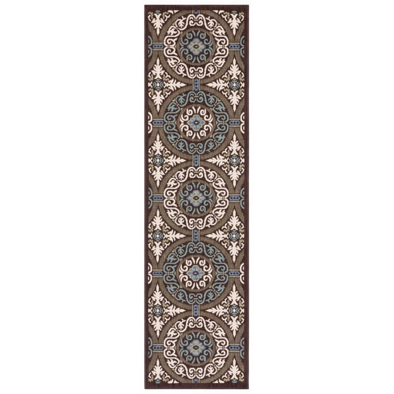 SAFAVIEH Veranda Durga Geometric Indoor/Outdoor Runner Rug, Chocolate/Cream, 2'3" x 12'