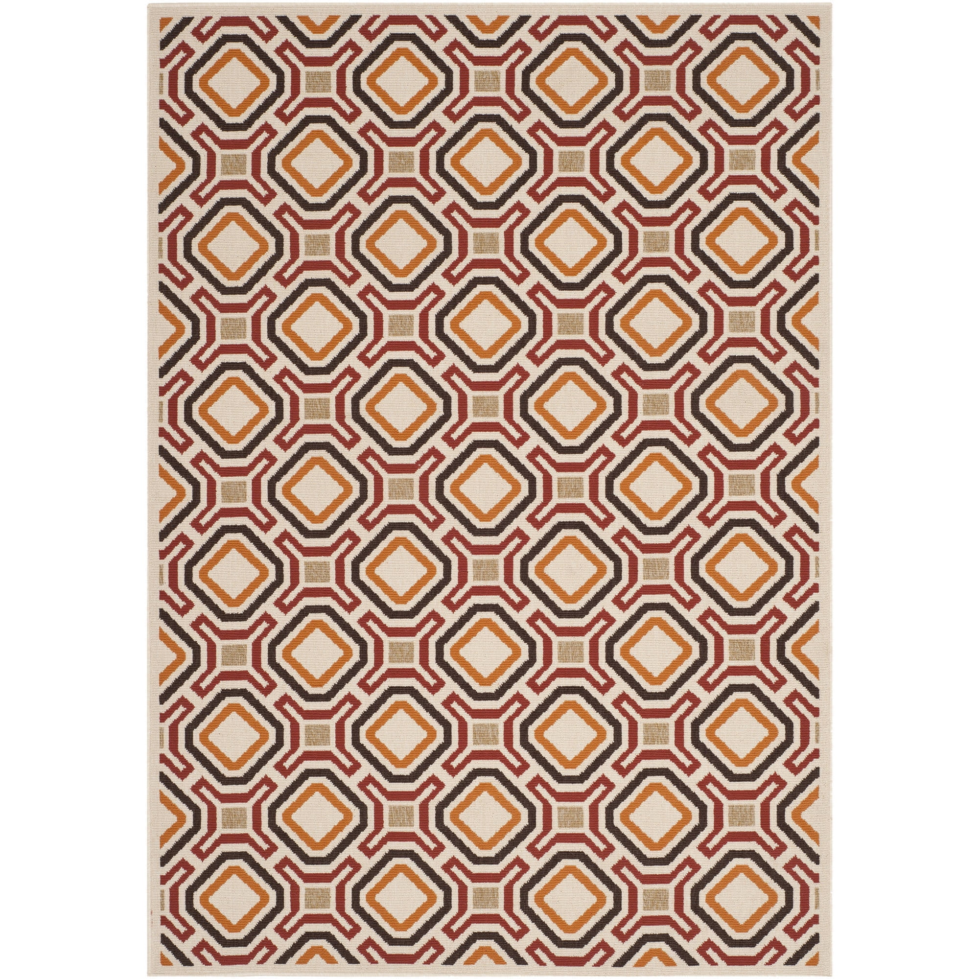 Cream and Red Geometric Floral Synthetic Area Rug
