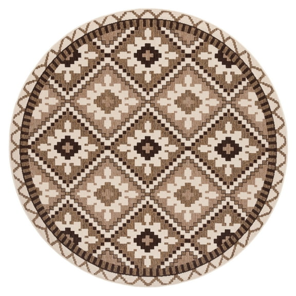 SAFAVIEH Veranda Johann Geometric Indoor/Outdoor Area Rug, Creme/Brown, 6'7" x 6'7" Round