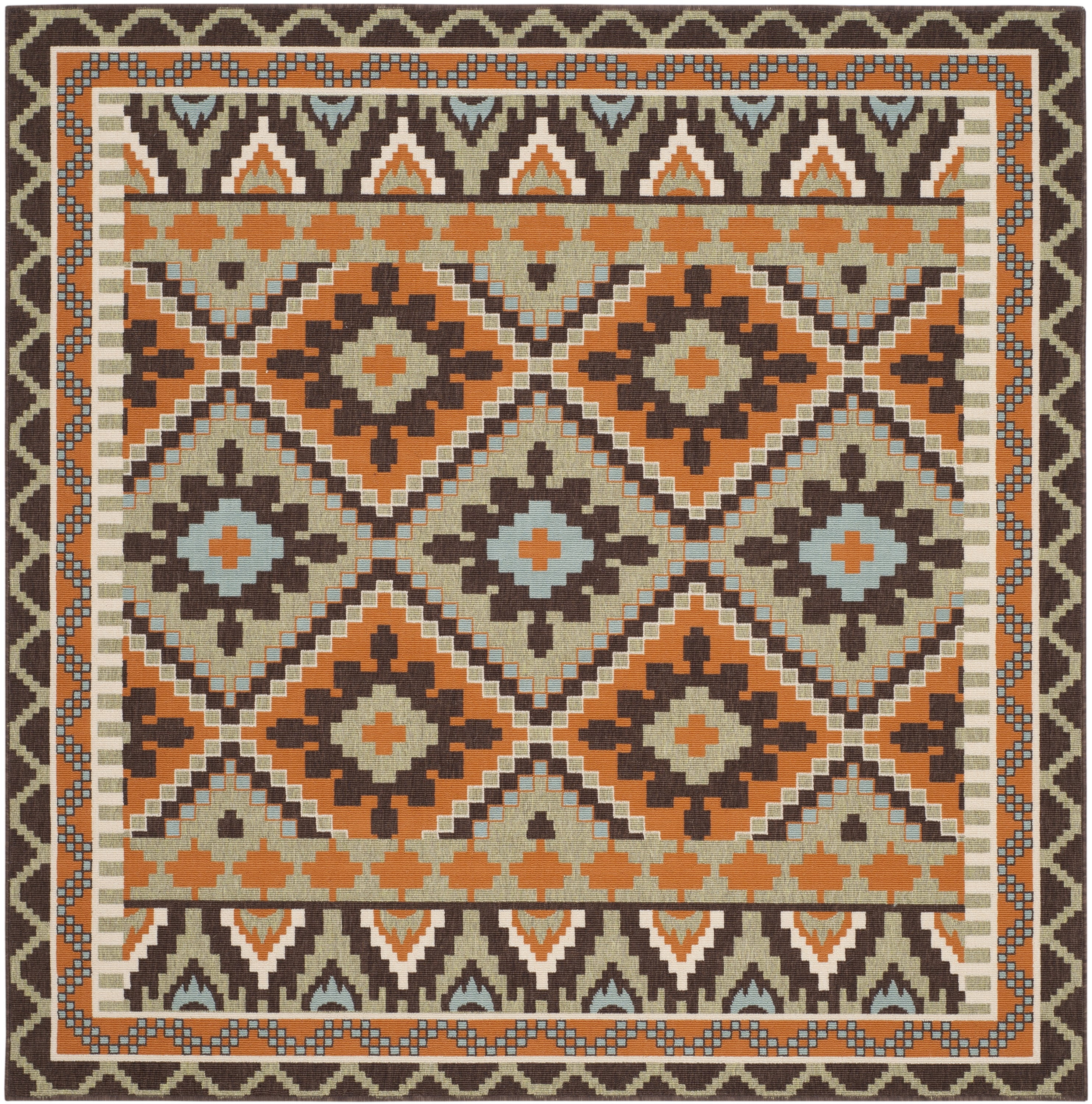 Veranda Green & Terracotta 5'3" Square Synthetic Outdoor Rug