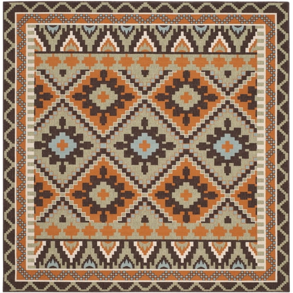 SAFAVIEH Veranda Johann Geometric Indoor/Outdoor Area Rug, Green/Terracotta, 5'3" x 5'3" Square