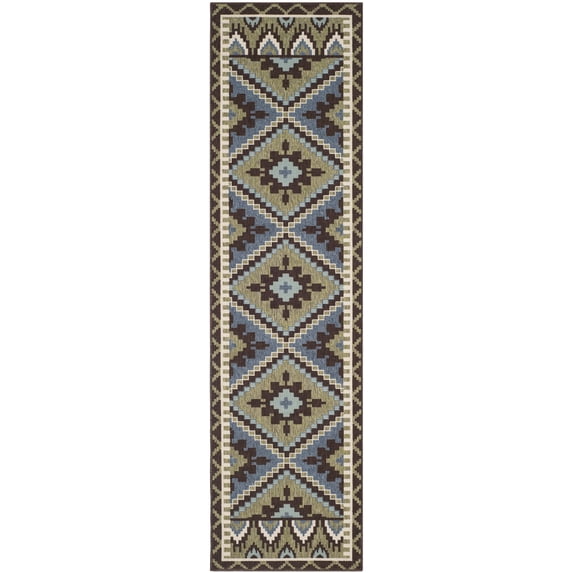 SAFAVIEH Veranda Johann Geometric Indoor/Outdoor Runner Rug, Green/Chocolate, 2'3" x 6'7"
