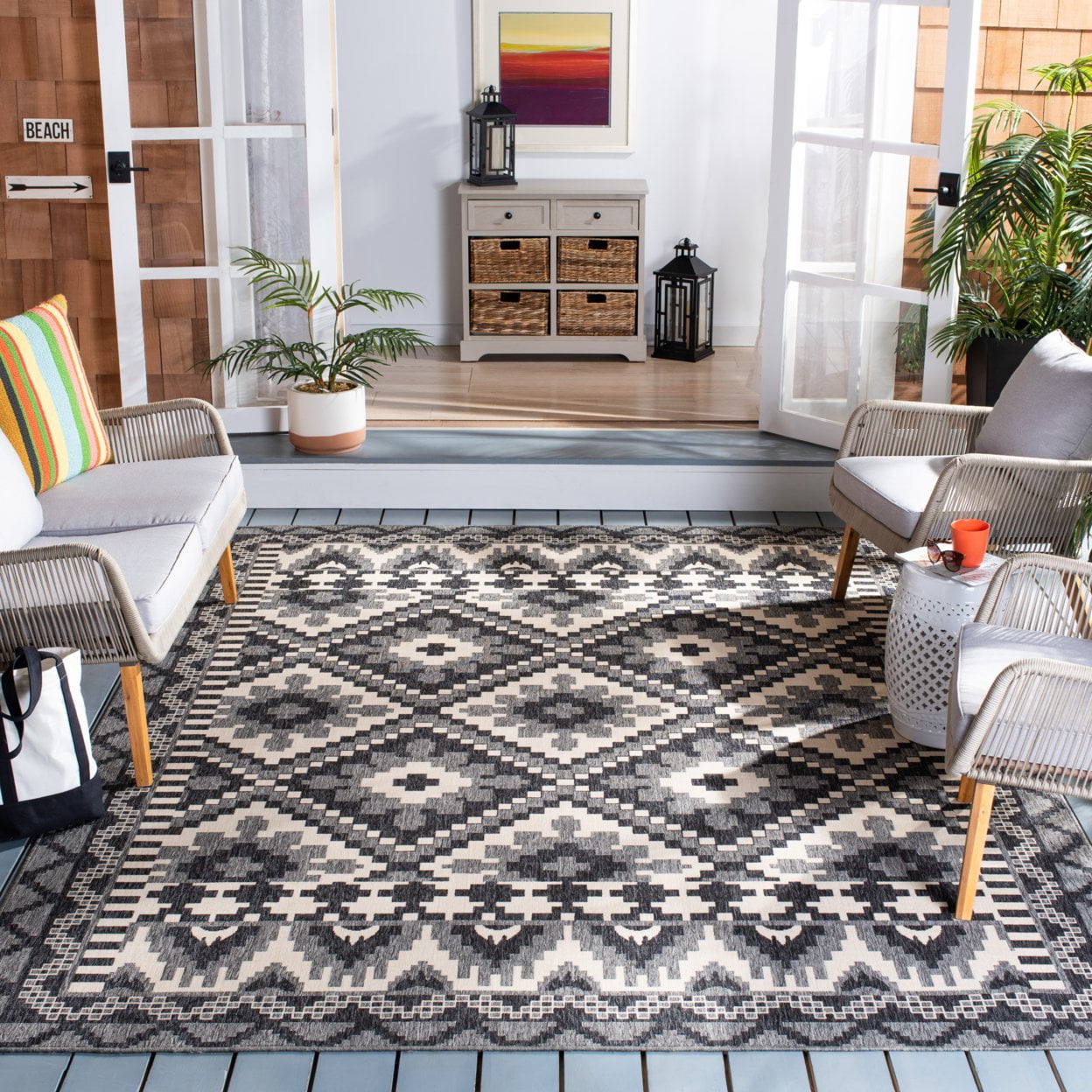 Grey and Beige Floral Synthetic Rectangular Area Rug, 4' x 5'7"