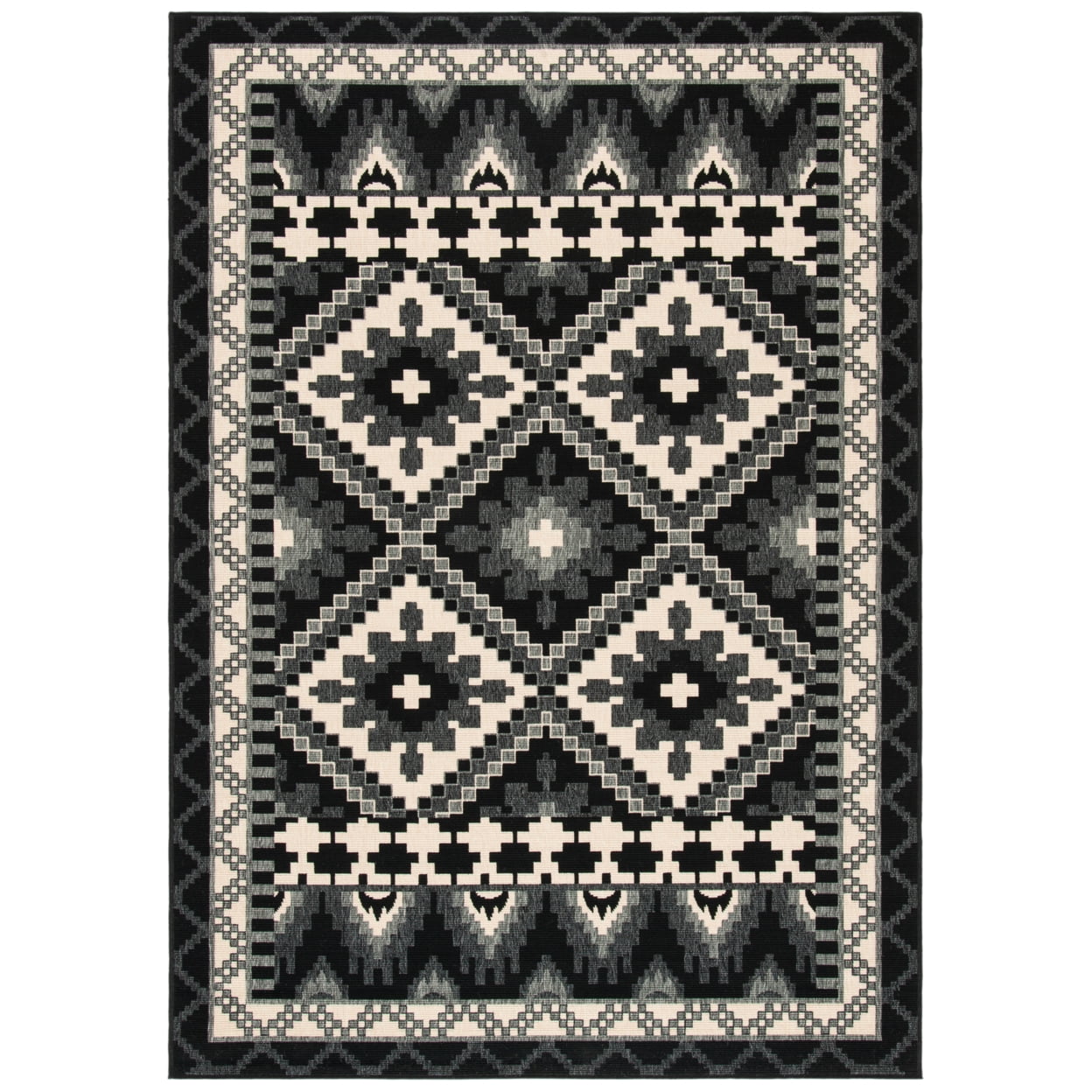 Black and Beige Round Synthetic Indoor/Outdoor Rug
