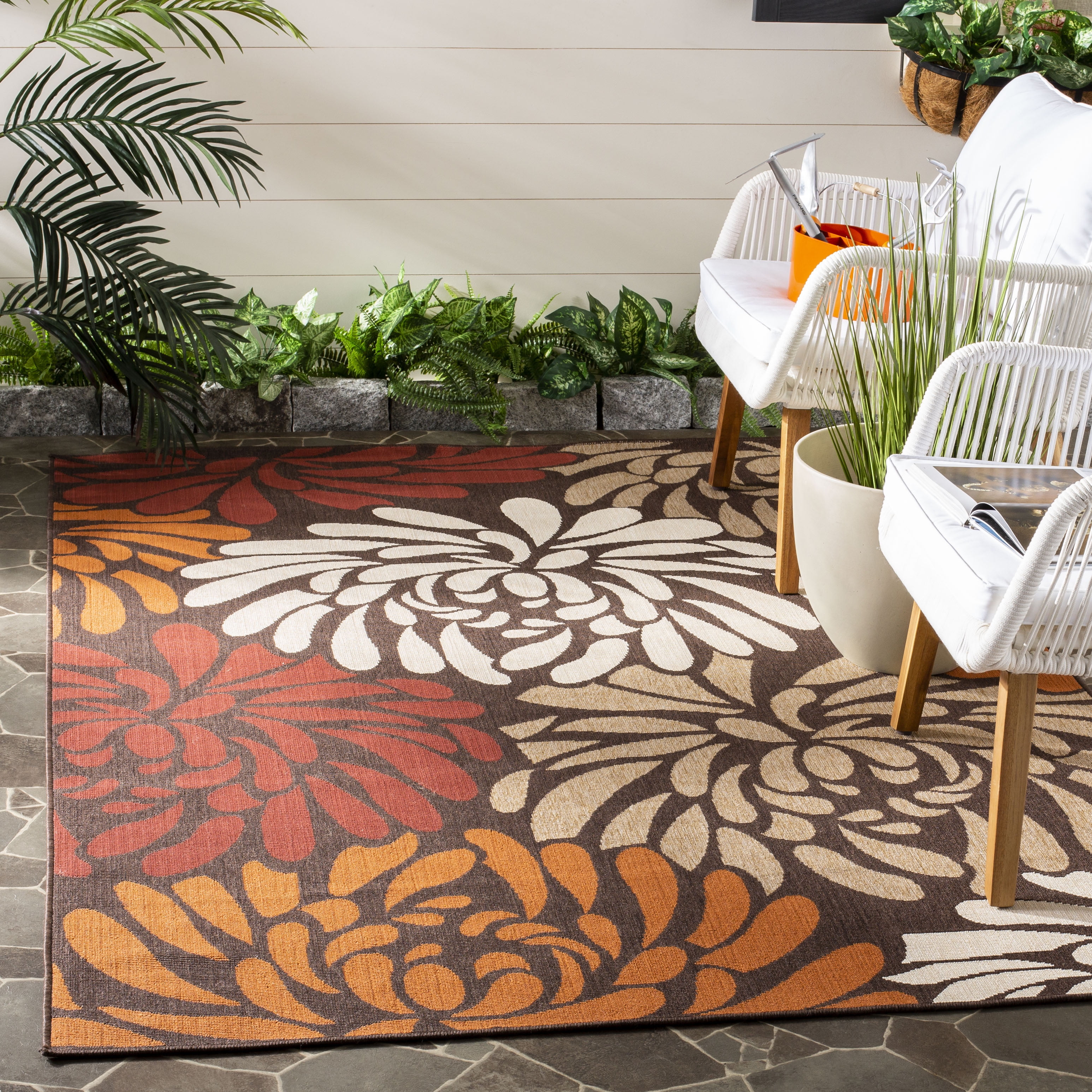 Chocolate and Terracotta Floral Synthetic Indoor/Outdoor Area Rug