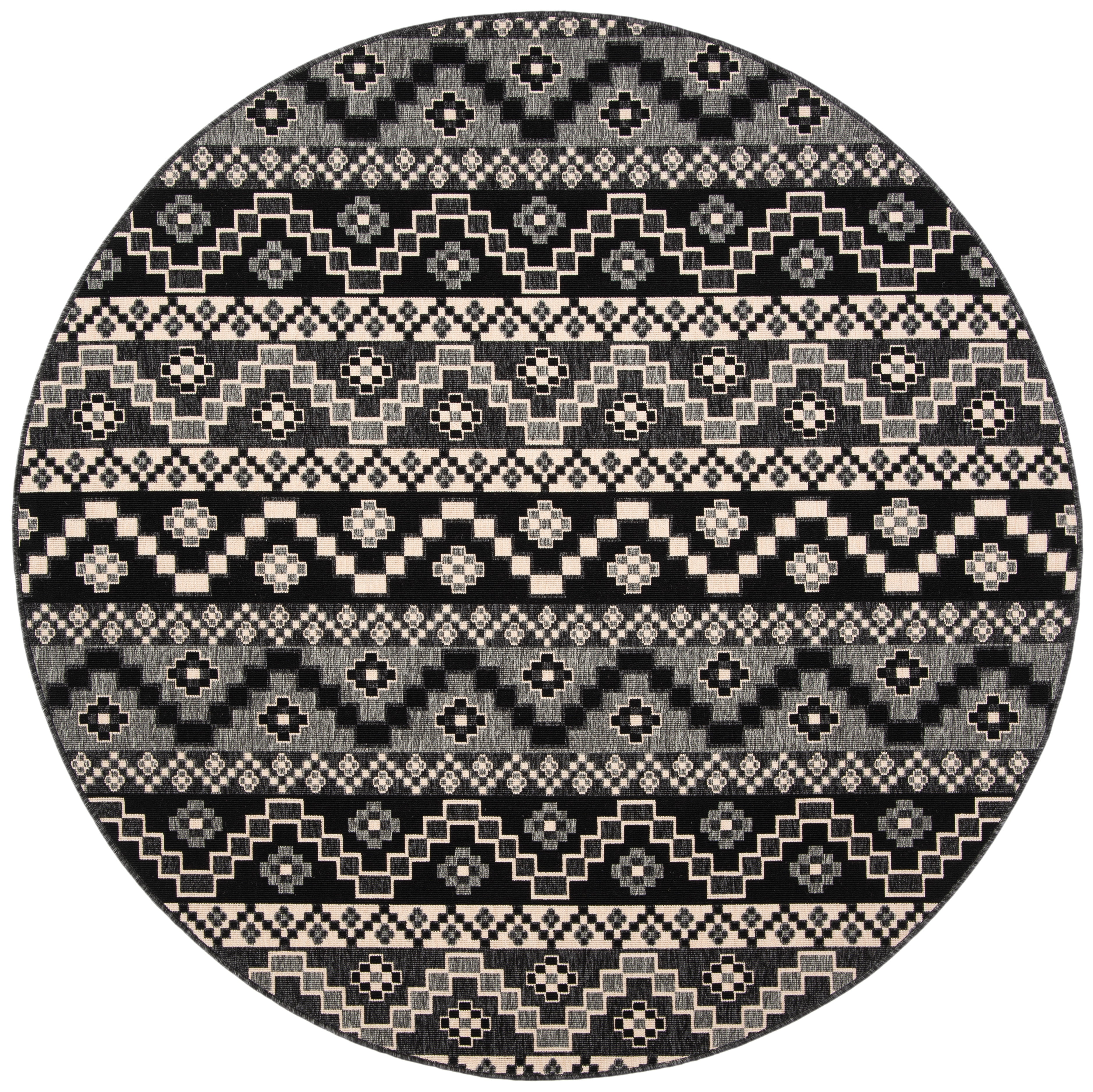 SAFAVIEH Veranda Luwig Geometric Indoor/Outdoor Area Rug, Black/Beige, 5'3" x 5'3" Round