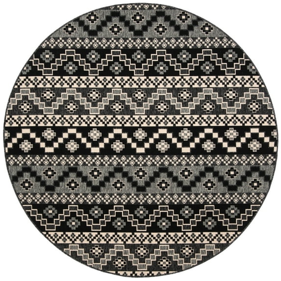 SAFAVIEH Veranda Luwig Geometric Indoor/Outdoor Area Rug, Black/Beige, 5'3" x 5'3" Round