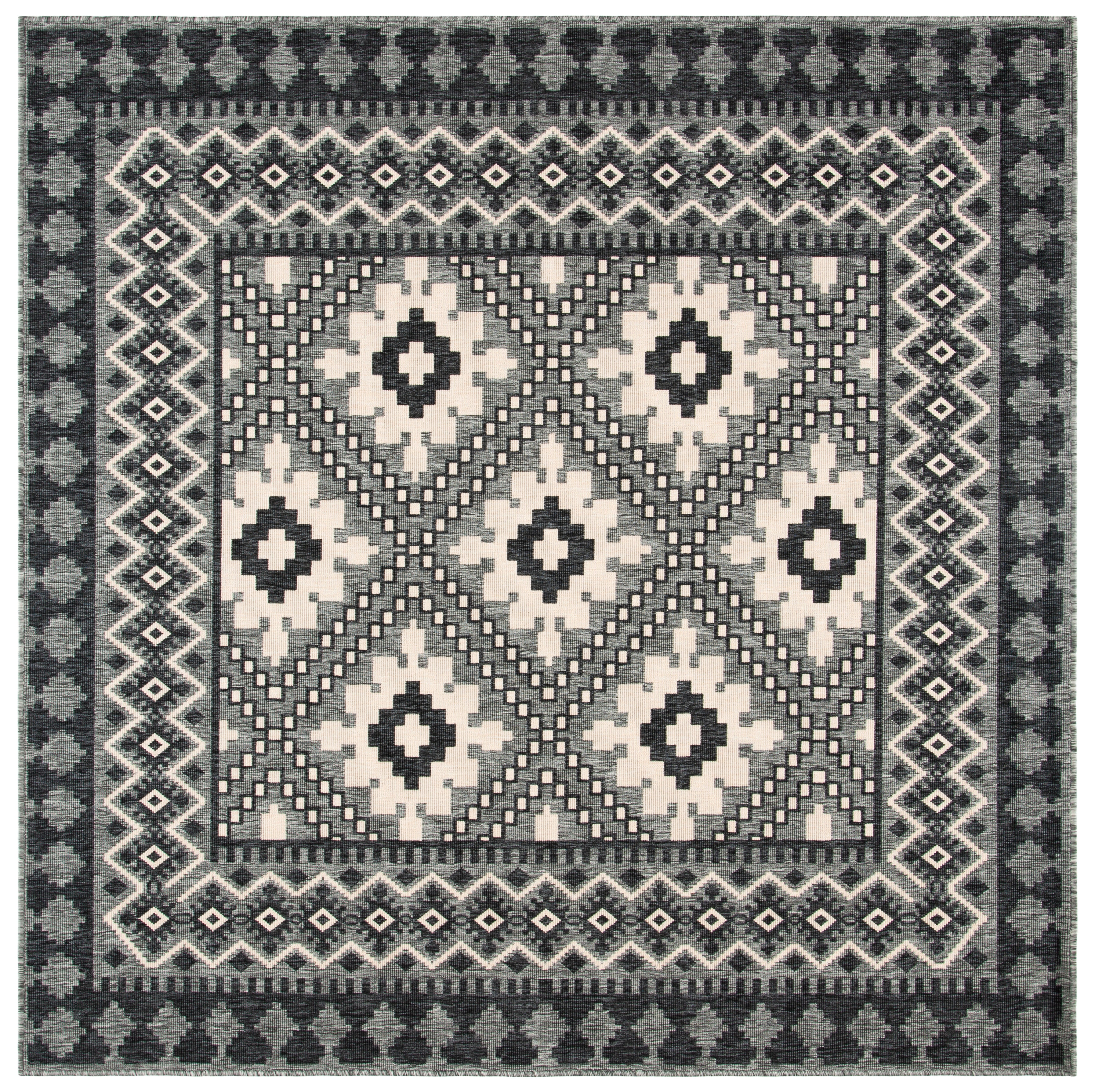 Ivory/Charcoal 3' Square Synthetic Reversible Indoor/Outdoor Rug