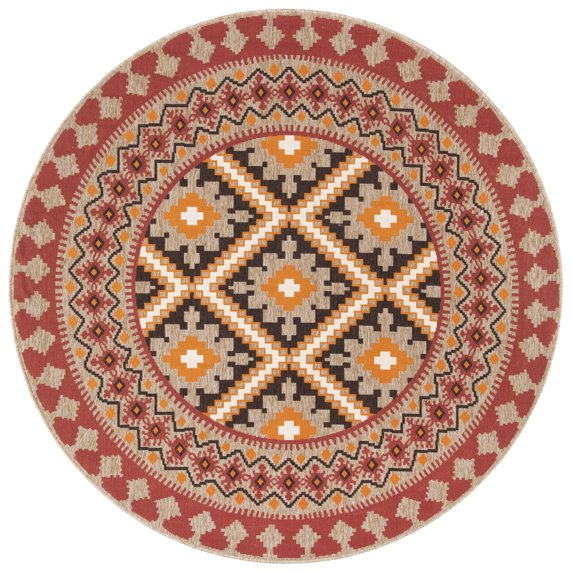 SAFAVIEH Veranda Magna Geometric Indoor/Outdoor Area Rug, Red/Natural, 8' x 8' Round