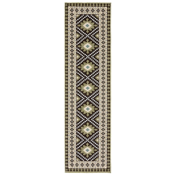 SAFAVIEH Veranda Magna Geometric Indoor/Outdoor Runner Rug, Chocolate/Green, 2'3" x 8'