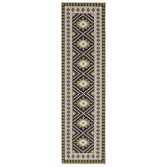 SAFAVIEH Veranda Magna Geometric Indoor/Outdoor Runner Rug, Chocolate/Green, 2'3" x 8'