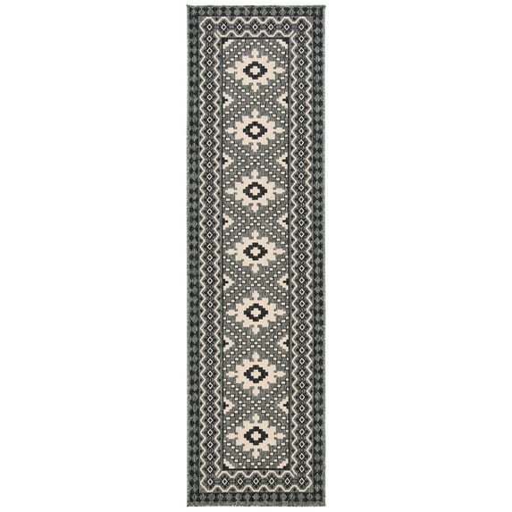 SAFAVIEH Veranda Magna Geometric Indoor/Outdoor Runner Rug, Ivory/Charcoal, 2'3" x 22'