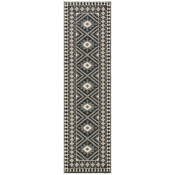 SAFAVIEH Veranda Magna Geometric Indoor/Outdoor Runner Rug, Ivory/Grey, 2'3" x 16'