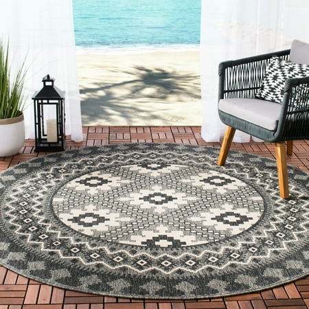 SAFAVIEH Veranda Magna Southwestern Indoor/Outdoor Area Rug, 5'3" x 5'3" Round, Ivory/Charcoal