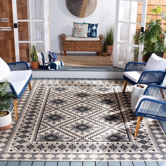 SAFAVIEH Veranda Magna Southwestern Indoor/Outdoor Area Rug, 5'3" x 5'3" Round, Ivory/Slate
