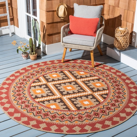 SAFAVIEH Veranda Magna Southwestern Indoor/Outdoor Area Rug, 5'3" x 5'3" Round, Red/Natural