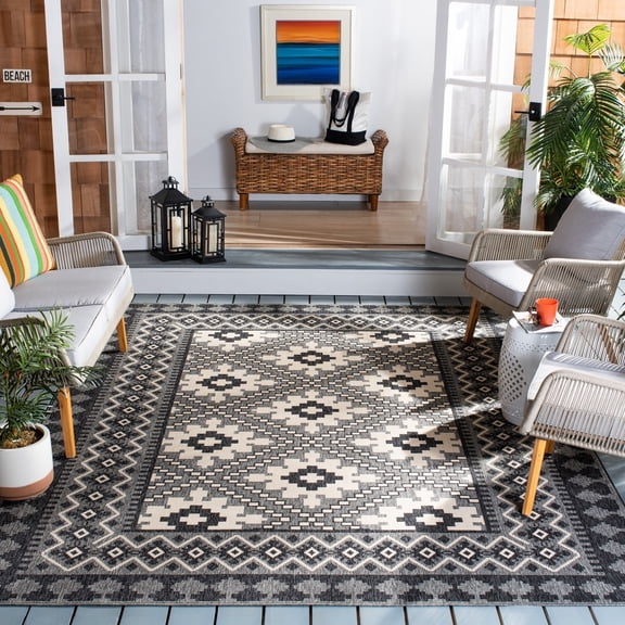 SAFAVIEH Veranda Magna Southwestern Indoor/Outdoor Area Rug, 5'3" x 5'3" Square, Ivory/Charcoal