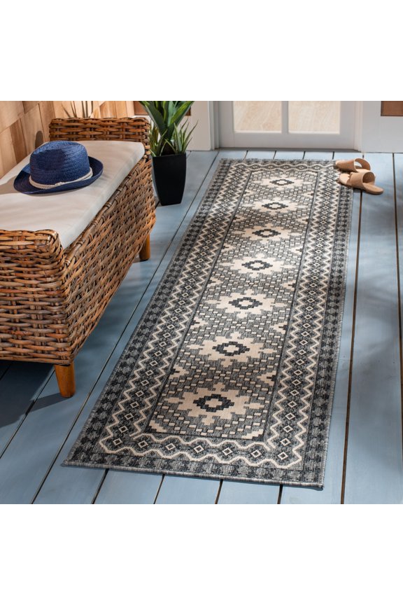 Veranda Magna Southwestern Indoor/Outdoor Runner Rug, 2'3" x 6', Ivory/Charcoal