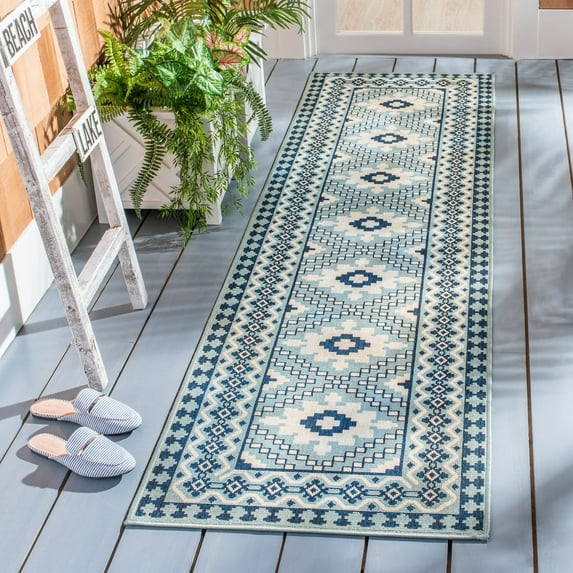 SAFAVIEH Veranda Magna Southwestern Indoor/Outdoor Runner Rug, 2'3" x 8', Ivory/Blue